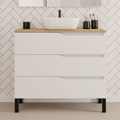 Meuble de salle de bain 90cm avec plateau miel et vasque à poser zeus - 3 tiroirs - sans miroir - blanc - MATA (1/4)