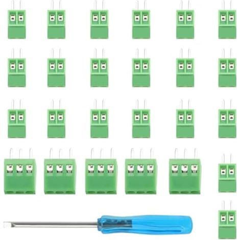 25 connecteurs à bornes à vis PCB, pas de 2,54 mm, vert, 2 broches/3 broches, avec mini tournevis, pour projets Arduino DIY (20x2 broches, 5x3 broches, vert) (1/5)