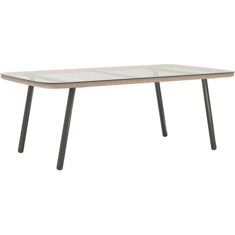 Table basse extérieur verre trempé 5 mm, table d'appoint jardin, cadre acier effet bois naturel, meuble salon de jardin. (1/5)