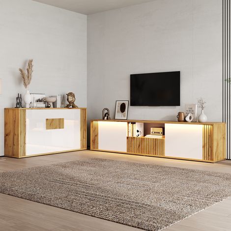 Conjunto de muebles de salón con mueble tv 180x40x51cm y aparador 140x35x71cm para televisión hasta 75 pulgadas de mdf moderno color blanco y madera (1/3)