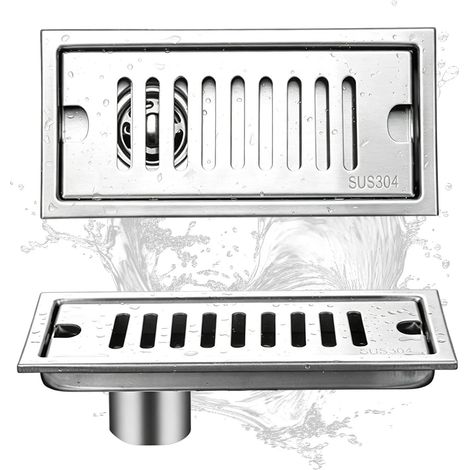 Siphon de Sol Rectangulaire, Long Siphon de Douche  Acier Inoxydable Amovible avec Filtre à Cheveux 20cm pour Salle de Bain Cuisine et Balcon (1/5)