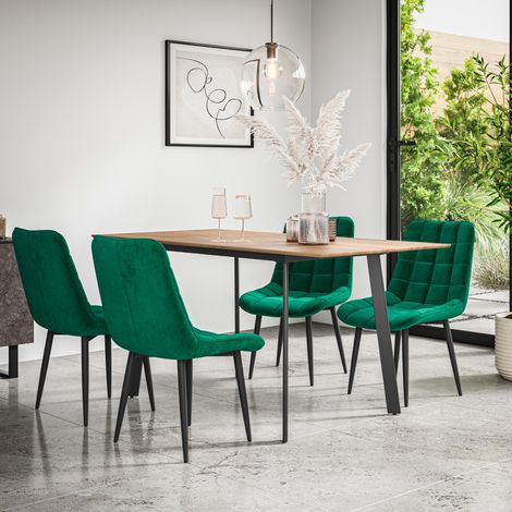 Haydon Extending Dining Table + Chairs- Oak Effect Table Top w Black Legs + Nova Velvet Dining Chair Set Of 4 (Green) (1/5)