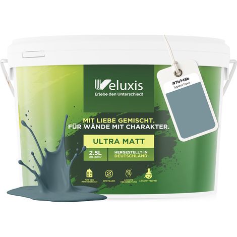 Wandfarbe Blau Grau Petrol Matt Innenfarbe – Deckkraft Klasse 1, VOC-frei, Ohne Grundierung, Tropfarm – Wohnzimmer & Schlafzimmer – 2,5L – Veluxis (Typical Trout)