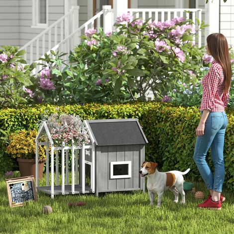 Niche pour chien extérieur en bois maison chien extérieur avec terrasse, porte à lamelles, 106 x 62,5 x 80,5 cm, gris