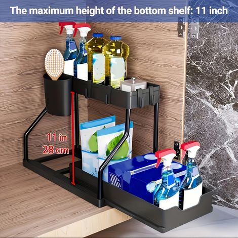 (Noir A) Organisateur de rangement sous évier à 2 niveaux, gain de place, boîte de rangement coulissante, grande capacité, indispensable pour la cuisine et la salle de bain. (1/5)