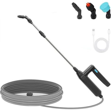 Lanza de riego eléctrica recargable, Lanza de riego extensible con manguera de 8 m, 3 boquillas y filtro, césped y jardines (1/5)