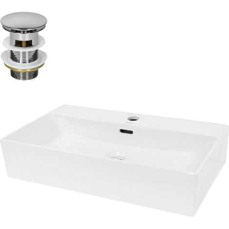 ECD Germany Lavabo Cerámico Rectangular con Agujero Conexión Estandar - Blanco - Lavamanos Sobre Encimera - 605x365x130 mm - Diseño Moderno - Fregadero con Juego de Desagüe - Realza cada Baño o Aseo (1/5)