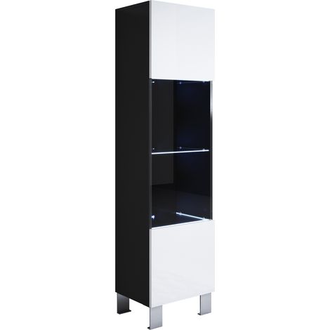 Vitrina con Patas 12cm  Armario  Mueble de Salón  Vitrina de pared  LED  1 puerta  40x177x29cm  Modelo Luke V6  Negro y Blanco brillo