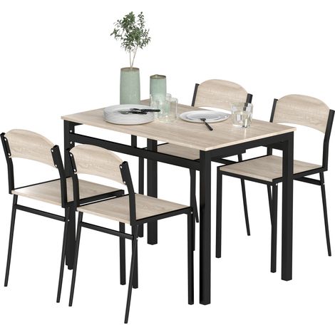 Rechteckige Essgruppe mit Tisch und 4 Stühlen aus Stahl und MDF, schwarz und eiche