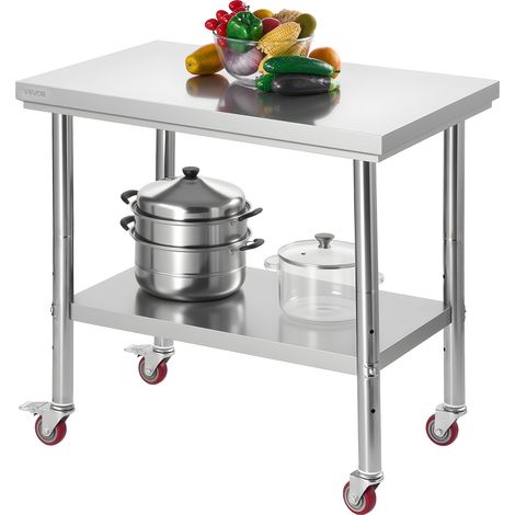 VEVOR Tavolo in Acciaio Inox, Tavolo da Lavoro per la Preparazione degli Alimenti da 900 x 600 x 850 mm, con Ruote e Ripiani Inferiori Regolabili per Cucina Commerciale, Ristorante, Hotel e Garage