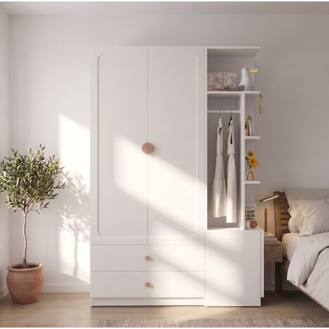 MODFU – Armario ropero 135x45x200 cm de madera blanca con 2 barras y 2 cajones, módulo reversible – Blanco (1/5)