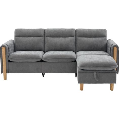 Canapé d'angle 3 places en chenille gris – avec pouf de rangement, poches latérales – style nordique, idéal pour petit salon (1/5)
