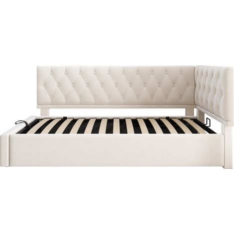 Letto banquette 90 x 190 cm in velluto beige con vano contenitore idraulico e struttura in legno (1/5)