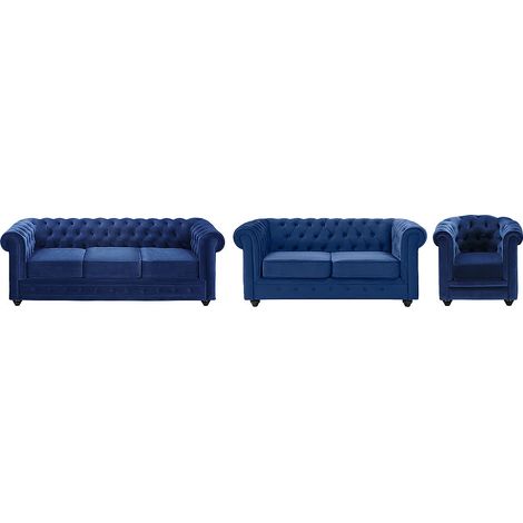 Vente-Unique – Canapé chesterfield 3 places – Velours bleu roi – Assise déhoussable – Confort équilibré – Charge maximale 360 kg