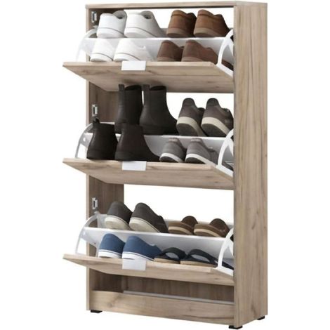 Schuhschrank Marradi, Schuhregal mit 6 Ebenen, 3 Türen, Griffe inklusive, 67x28x119h cm Nussbaum Knotenbraun