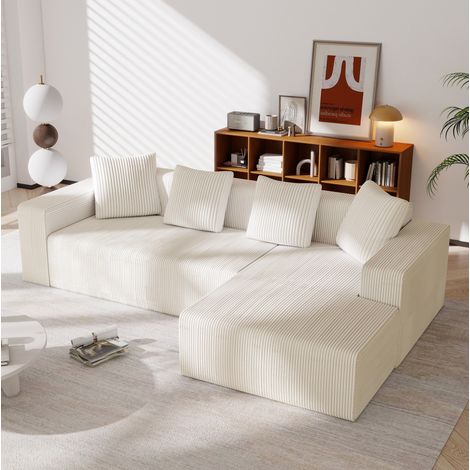 Modulares Ecksofa 261x146x65 cm Weiß Cord mit Chaiselongue, tiefer Sitzfläche und Kissen (1/5)