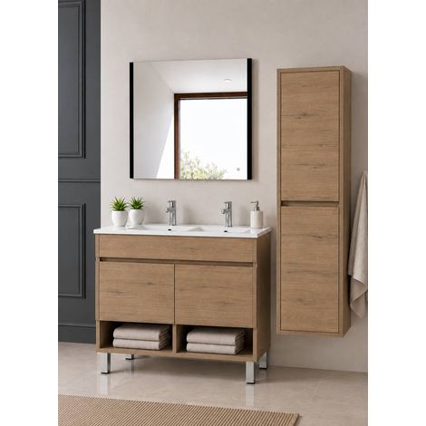 Badmöbel mit Füßen mit Waschbecken extra flach ORIGENBATH NEBARI mit Füßen und Türen ohne Spiegel 120x45 cm Doppelwaschbecken Estepa mit Säule (1/5)