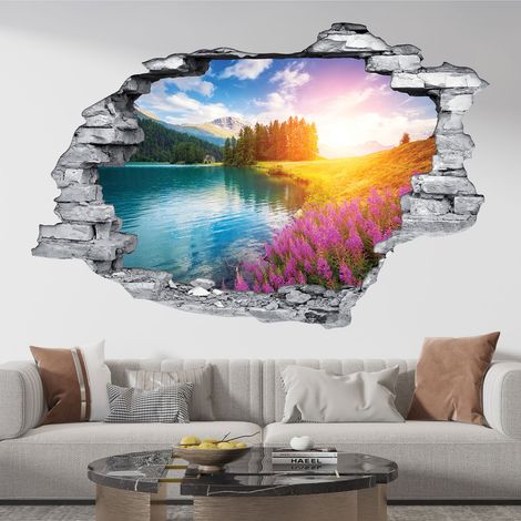 Stickers Trompe l'oeil trou dans le mur - Lac montagnes - 30 x 45 cm - Pierres grises (1/5)