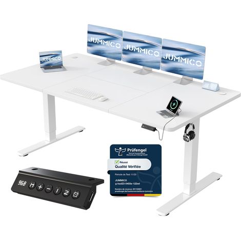 Bureau assis debout électrique 180x80 cm avec rappel de posture, 2 mémoires, blanc (1/5)