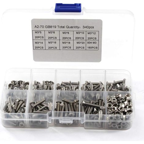Viti e dadi per incavi esagonali, acciaio inox, testa a croce piatta - set da 340 pezzi M3 304 (1/5)