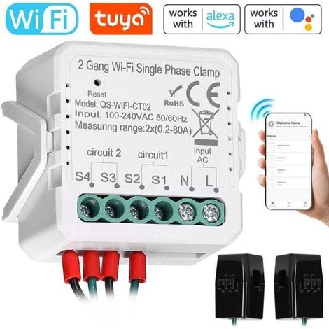 Tuya 80A Zweikanaliger, einphasiger, bidirektionaler WiFi-Photovoltaik-Energiezähler mit Stromwandler, Steuerung per Mobil-App und Timer-Programmierfunktion. (1/5)