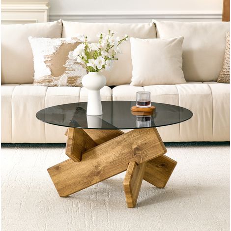Table basse ronde 79x79x45 cm en verre et MDF marron, design moderne pour salon FloraGrace (1/5)