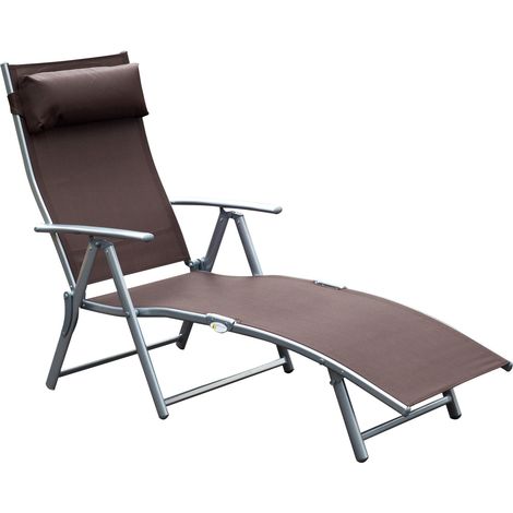 Outsunny transat chaise longue bain de soleil pliable dossier inclinable multi-positions têtière fournie 137L x 64l x 101H cm métal époxy textilène marron