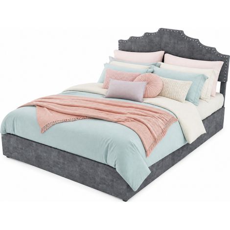 Letto contenitore 140x200 cm grigio in tessuto con testiera, materasso incluso - CHICFURN (1/5)