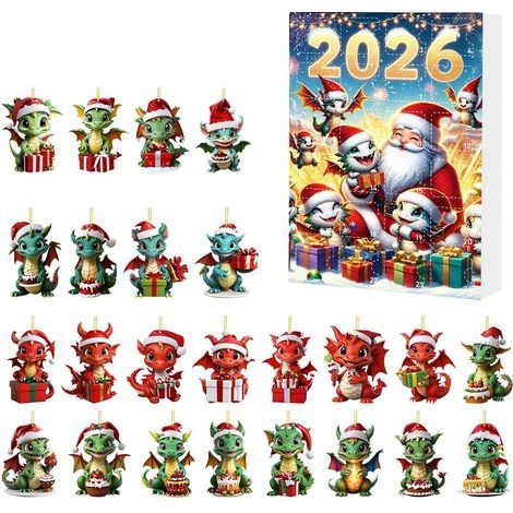 Calendrier de l'Avent 2026 – 24 Jours de Surprise, Suspensions 2D Plat Acrylique Bébé Dragon & Arbre de Noël, Déco Murale Compte à Rebours Festif (1/4)