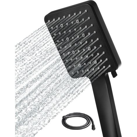 Quadratischer Hochdruck-Handbrausekopf mit 1,5 m Schlauch – 6 Sprühmodi – Schwarz