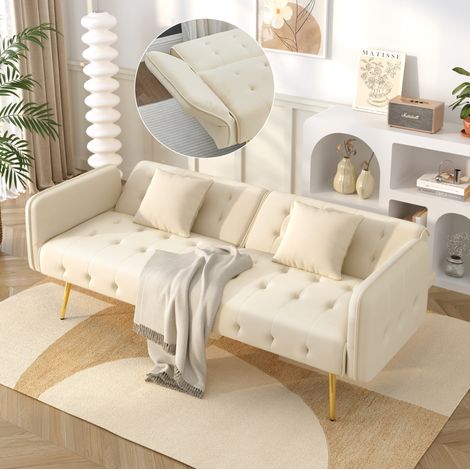 Divano letto 2 posti con schienale e braccioli regolabili, velluto beige HAVRYA (1/5)