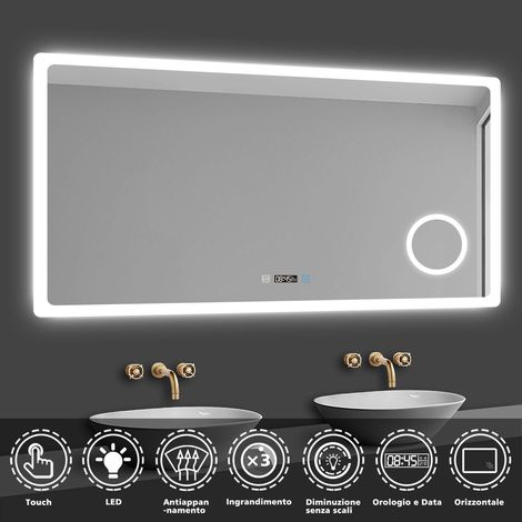AICA 120x70cm Specchio da bagno rettangolare a LED di alta qualità con orologio, lente d'ingrandimento e antiappannamento (1/5)
