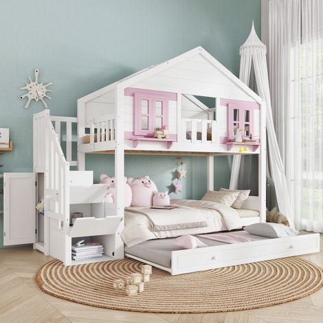 Lit superposé enfant 90x200 cm avec lit gigogne, escalier rangement, penderie, bois blanc et rose (1/5)