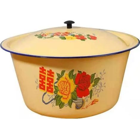 Bol en Émail Chinois, Vintage Émail Soupe Bol avec Couvercle, Mixing Bowl pour la Cuisine Ronde Salade Bol de Service, 19.5x19.5cm (1/4)