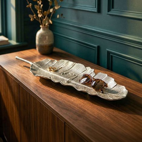 Coupelle décorative forme plume 60x18 cm en aluminium argenté (1/5)