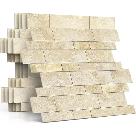 Carreaux de dosseret pour cuisine - Finition mate - Carrelage mural 3D - Mosaïque linéaire en marbre imperméable (10 feuilles, beige doré) (1/5)