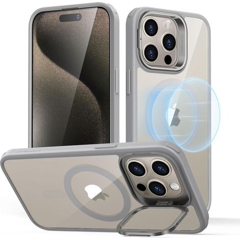 Coque MagSafe pour iPhone 15 Pro Max avec béquille intégrée et protection militaire, gris clair (1/5)