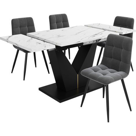 Ensemble de table à manger 5 pièces, ensemble avec 4 chaises, table de cuisine moderne avec plateau extensible, pieds noirs en V, plateau blanc marbré, chaises de salle à manger en velours gris