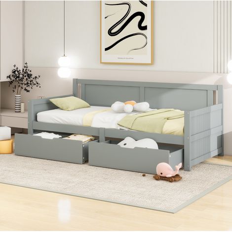 Divano letto in legno grigio 90x200 cm con 2 cassetti, rete a doghe inclusa (1/5)