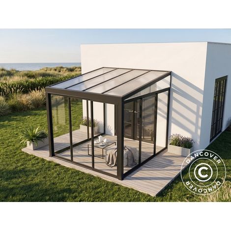 Porche San Pablo Alu+ con ventanas + puertas correderas, 3x3m, Negro - Dancover