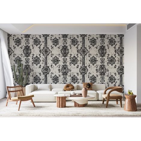 Papier peint rétro - damas géométrique gris et blanc - 150 x 250 cm (1/2)