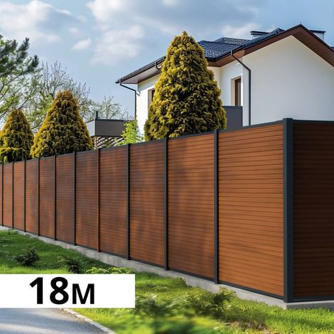 Kit Clôture Bois Composite Teck 18x1,8m SANTOS - Poteaux en Aluminium Gris - Brise Vue - Palissade