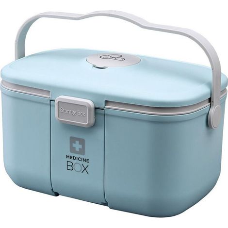 Medikamentenbox, tragbare 2-lagige Medikamentenaufbewahrungsbox mit Griff, großes Fassungsvermögen, Medikamentenaufbewahrungsbox, für den Gebrauch zu Hause und im Freien (Blau) (1/5)
