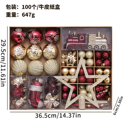 Ensemble de 100 boules de Noël exquises, peintes en rouge et blanc, en forme d'étoile, à suspendre au sapin.