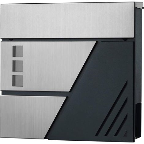 Buzón de pared con ventanas de acero inoxidable para puerta de entrada con cerradura y llaves, plateado y gris carbón 120001888