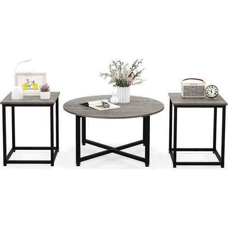 Montage facile set table basse 3 pièces, table basse ronde et 2 tables d'appoint carrées pour salon gris (1/5)
