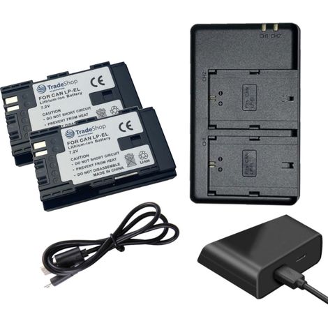 3in1 Set: 2-fach Ladegerät Micro-USB Typ-C + 2x Li-Ion Akku (7,2V / 2600mAh) kompatibel mit Canon LP-EL DS401231 LC-E6 LC-E6E EL-1 EL-5 Speedlite (1/4)