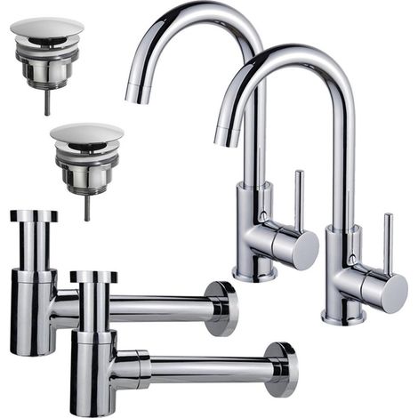 FugaFlow Eccelente Sobrado Kit robinet lavabo - pour double vasque - robinet haut - bec rotatif - bonde non-obturable - siphon design bas - Chrome (1/4)