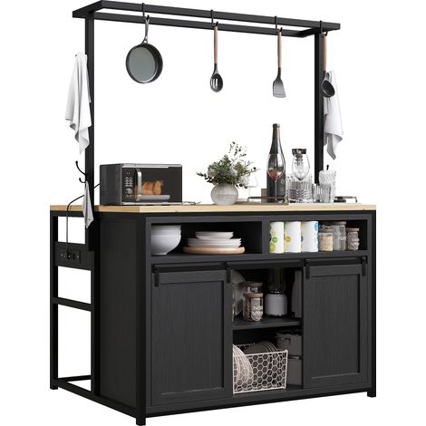 Meuble de cuisine avec plan de travail, prises et étagère suspendue, 107 x 62 x 183 cm, noir, rangement moderne pour cuisine et salle à manger CHICFURN (1/5)