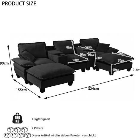 Canapé modulaire Cloud en U noir en tissu chenille. Porte-gobelets, espace de rangement, port USB, 2 ottomans et oreillers fournis